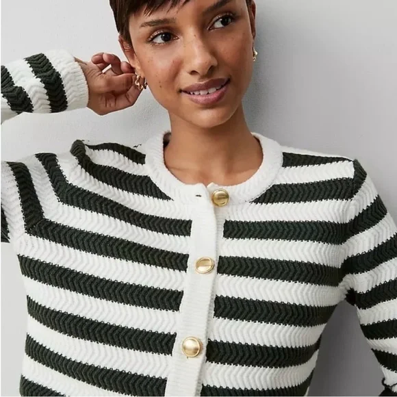 Striped Green and White Cardigan Petite XS NWOT - Picture 2 of 7